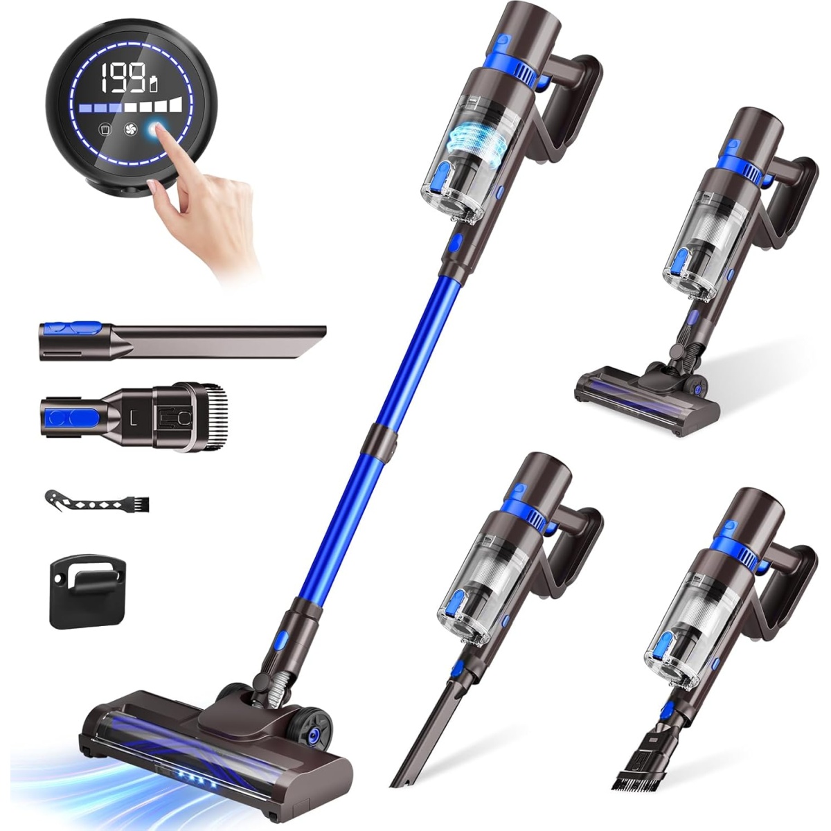 KCLASO Cordless Vacuum Cleaner, 500W Powerful Suction, Self-Standing Stick Vac, 8-in-1 Handheld Vacuums for Home, Hardwood Floor, Carpet, Pet Hair, Rechargeable Detachable Battery, LED Lights